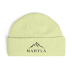 Mahyla Mountain Cuff Beanie — Embroidered Mountain Logo Knit Hat Black Emblem