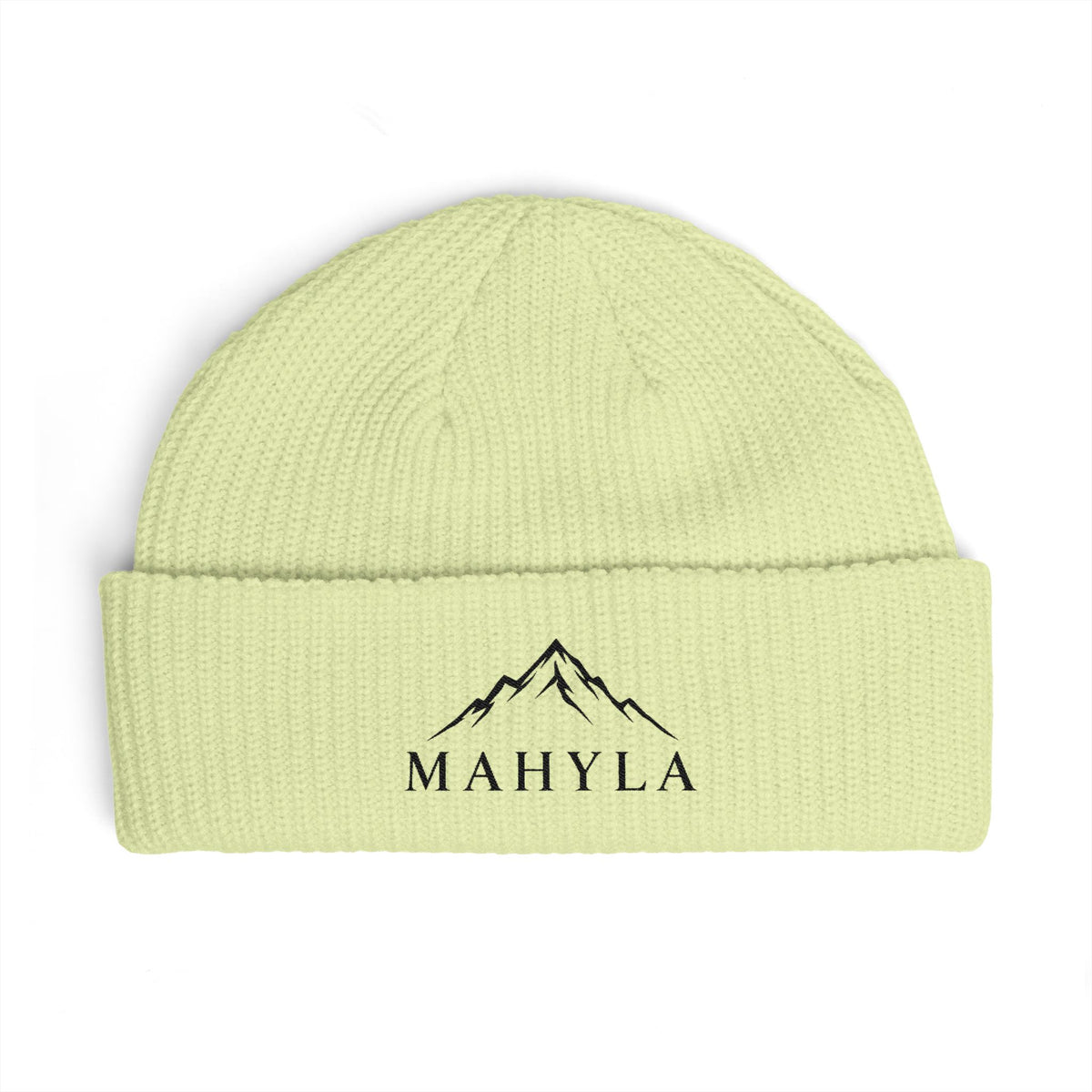 Mahyla Mountain Cuff Beanie — Embroidered Mountain Logo Knit Hat Black Emblem