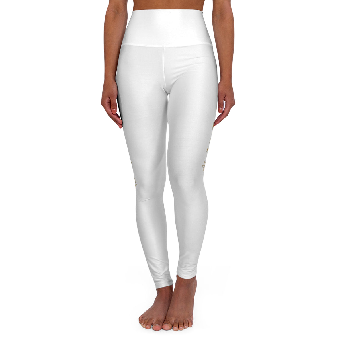 MAHYLA | White High-Waisted Yoga Leggings – Subtle Gold Star Accent