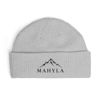 Mahyla Mountain Cuff Beanie — Embroidered Mountain Logo Knit Hat Black Emblem