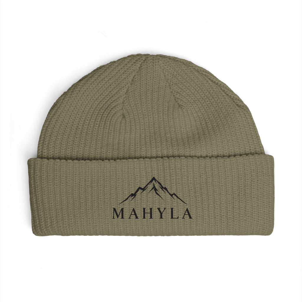 Mahyla Mountain Cuff Beanie — Embroidered Mountain Logo Knit Hat Black Emblem