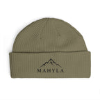 Mahyla Mountain Cuff Beanie — Embroidered Mountain Logo Knit Hat Black Emblem