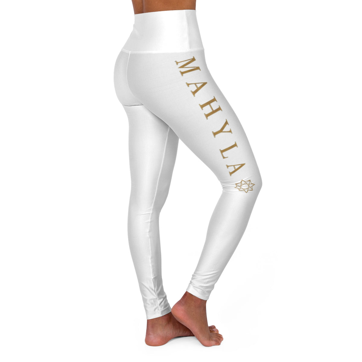 MAHYLA | White High-Waisted Yoga Leggings – Subtle Gold Star Accent