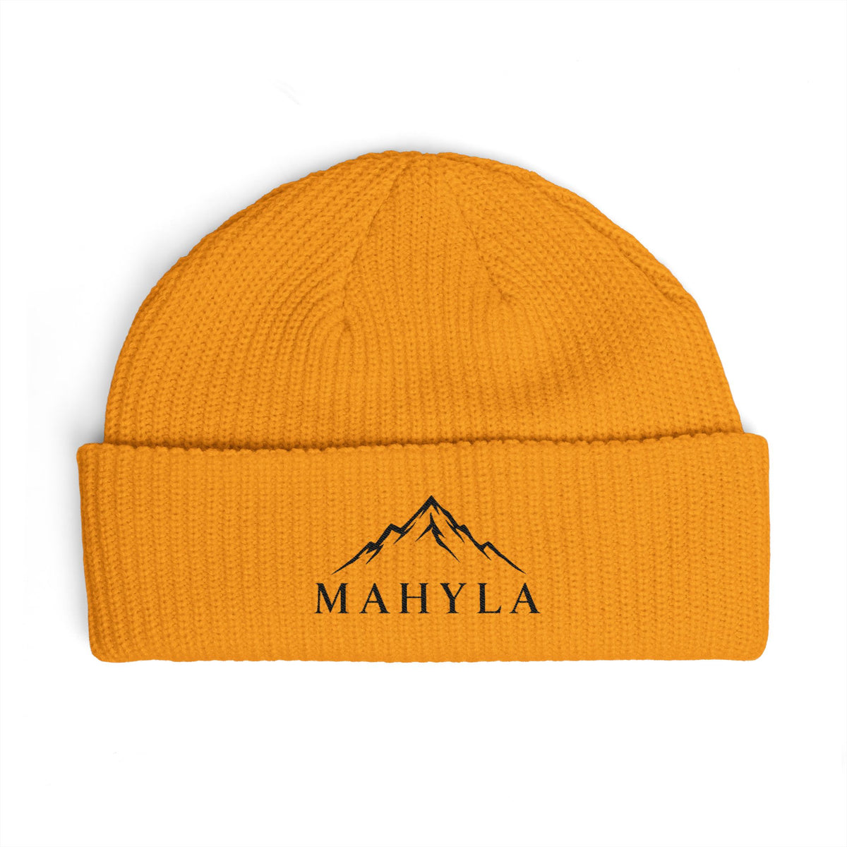 Mahyla Mountain Cuff Beanie — Embroidered Mountain Logo Knit Hat Black Emblem