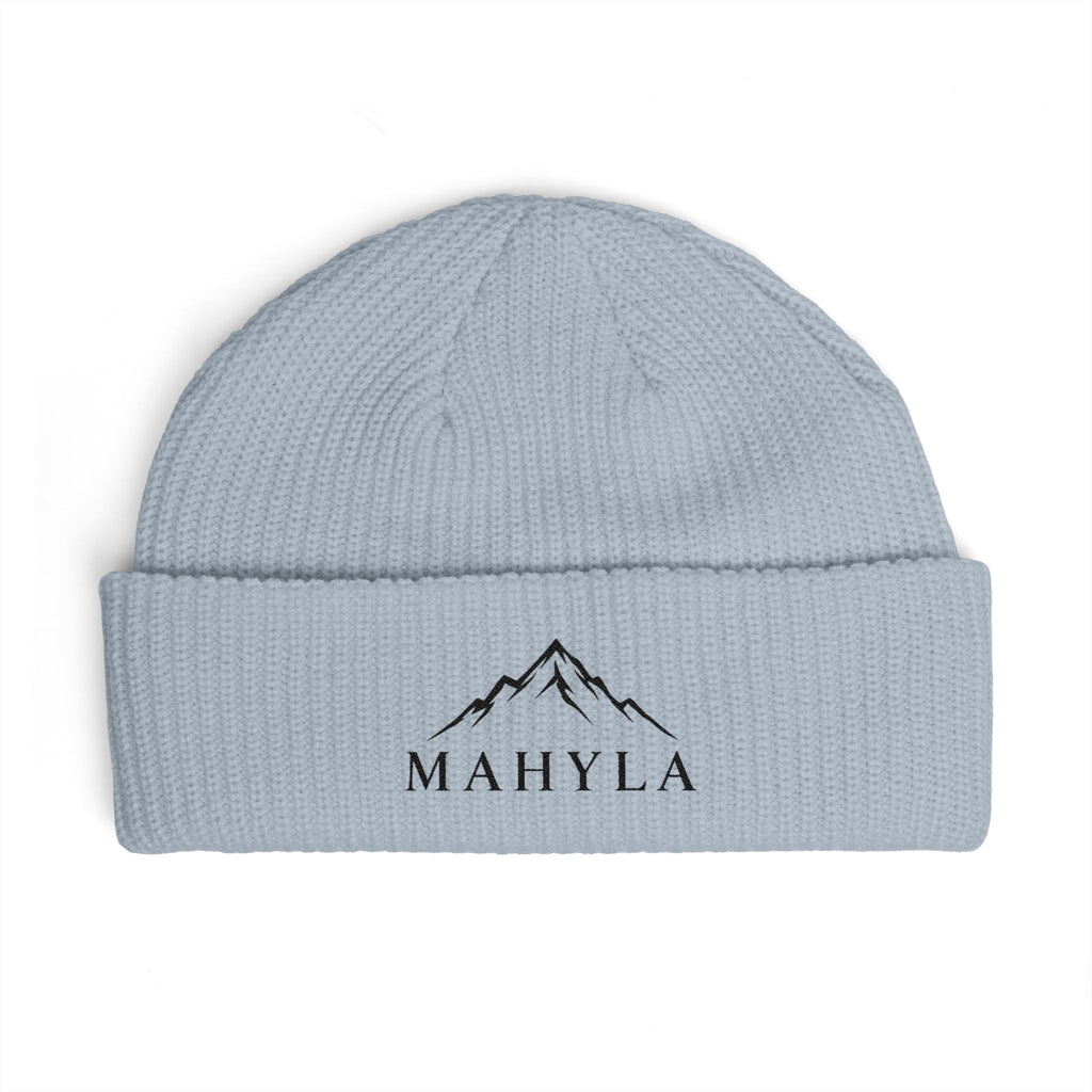 Mahyla Mountain Cuff Beanie — Embroidered Mountain Logo Knit Hat Black Emblem