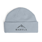 Mahyla Mountain Cuff Beanie — Embroidered Mountain Logo Knit Hat Black Emblem