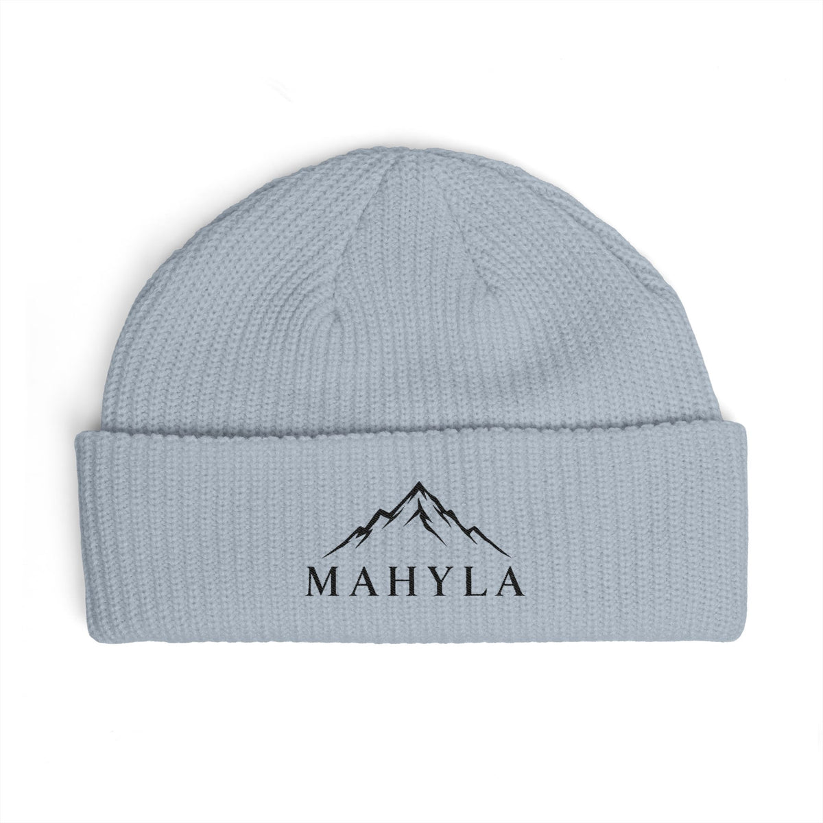 Mahyla Mountain Cuff Beanie — Embroidered Mountain Logo Knit Hat Black Emblem
