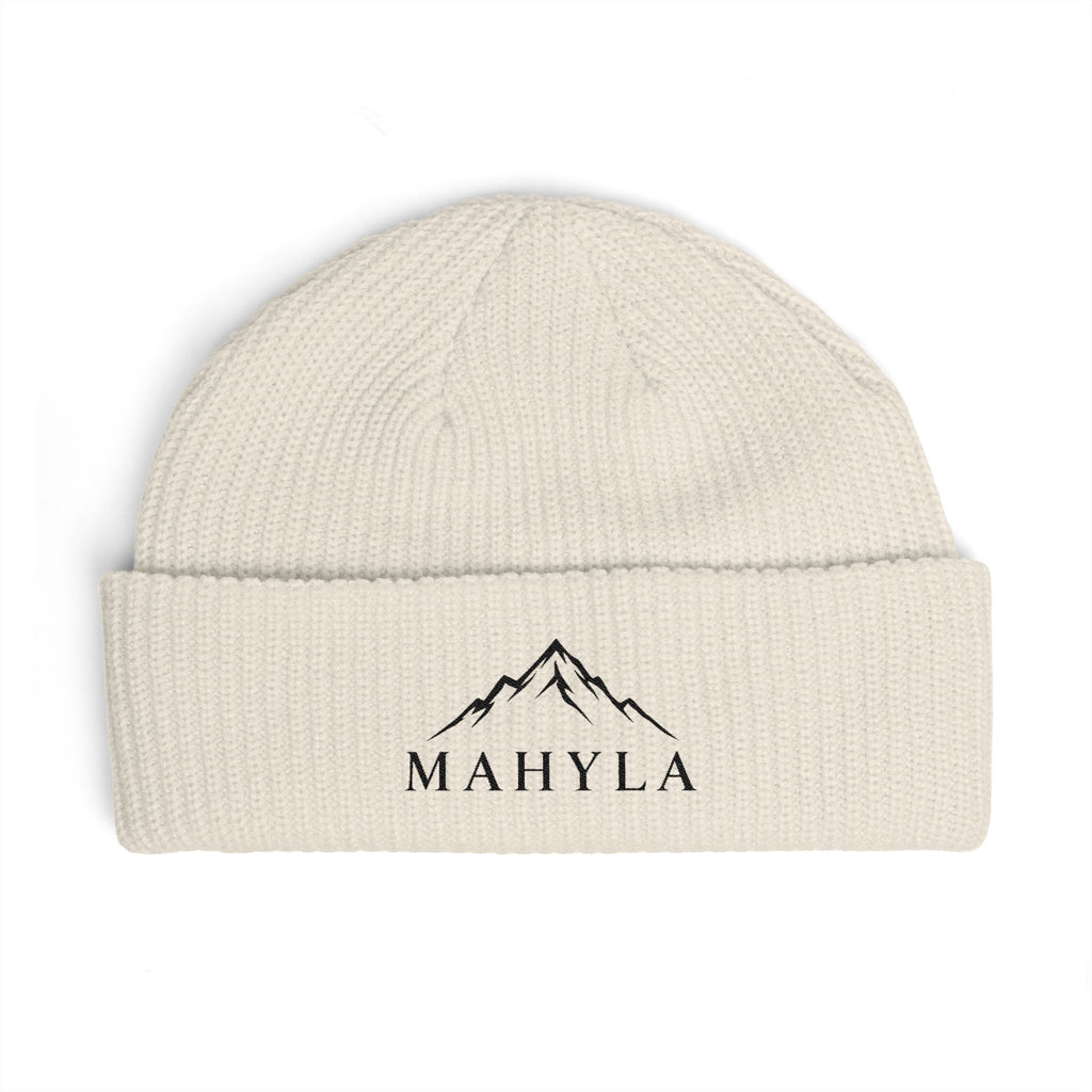 Mahyla Mountain Cuff Beanie — Embroidered Mountain Logo Knit Hat Black Emblem