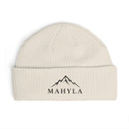 Mahyla Mountain Cuff Beanie — Embroidered Mountain Logo Knit Hat Black Emblem