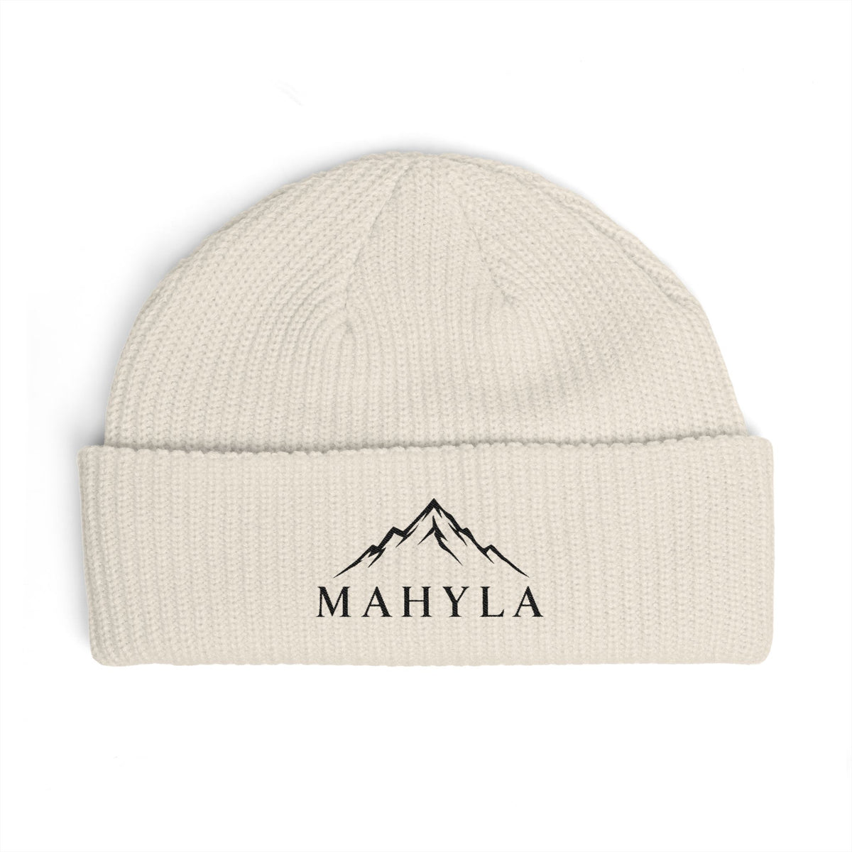 Mahyla Mountain Cuff Beanie — Embroidered Mountain Logo Knit Hat Black Emblem